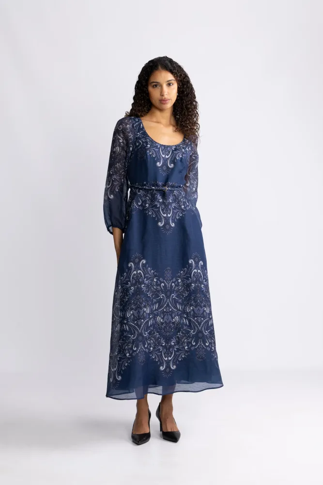 Aspyn Long Dress Silk/Linen - Navy - Bilde 2