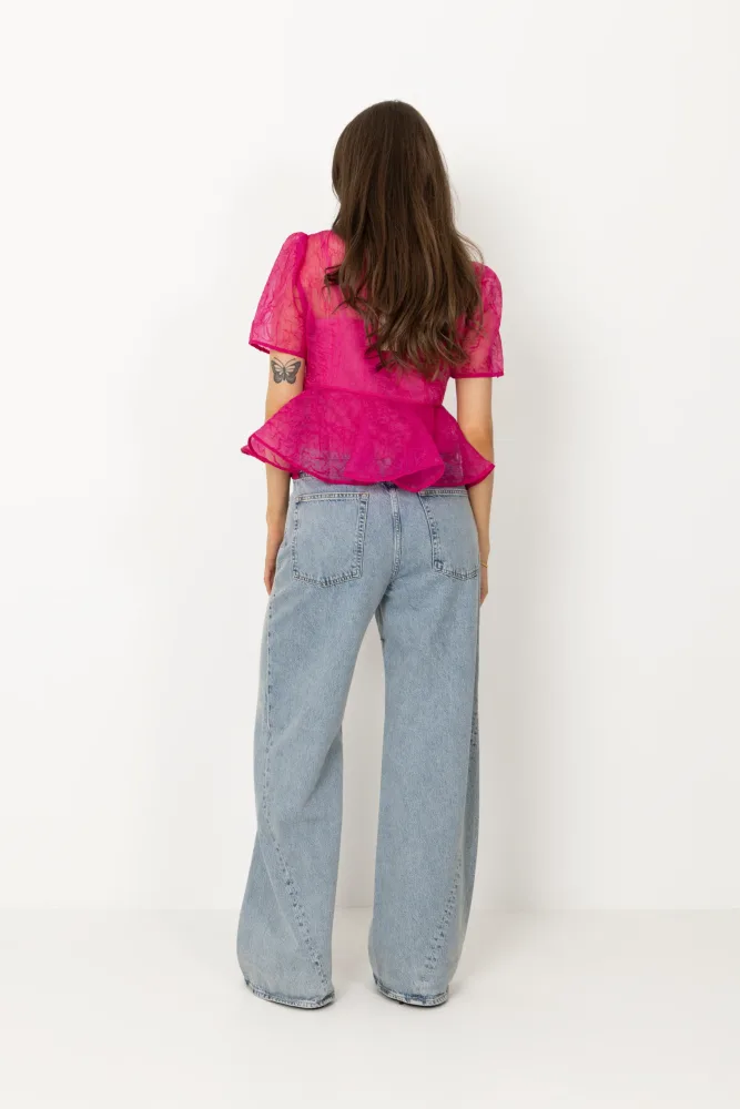 Shibori Organza Sun Cut Peplum Blouse - Raspberry Rose - Bilde 3