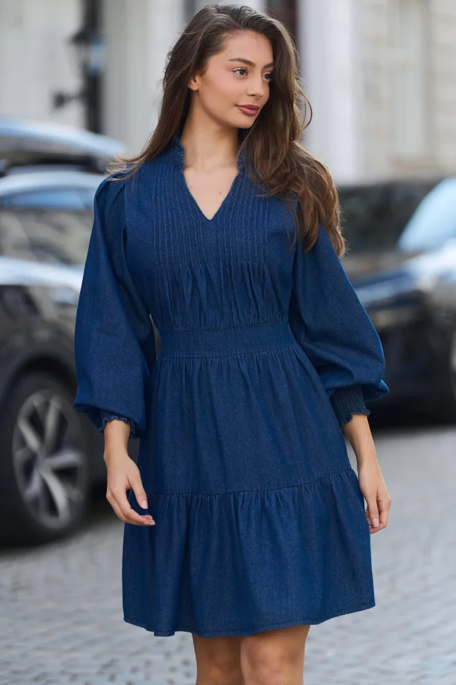 Evina Denim Solid Dress - Blue - Bilde 3