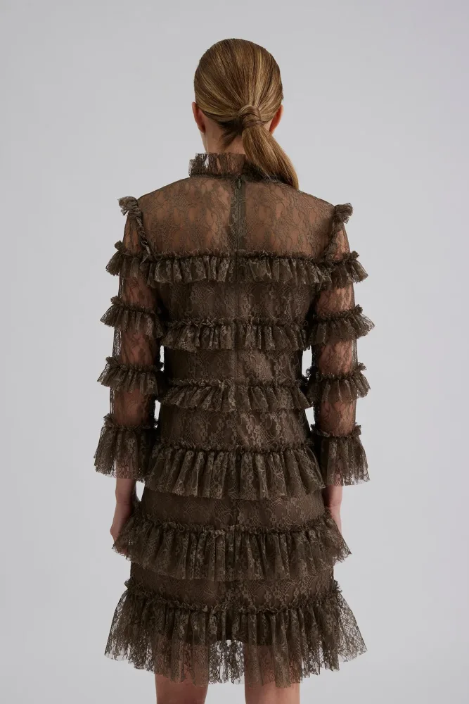 Carmine Frill Mini Lace Dress - Chocolate - Bilde 3