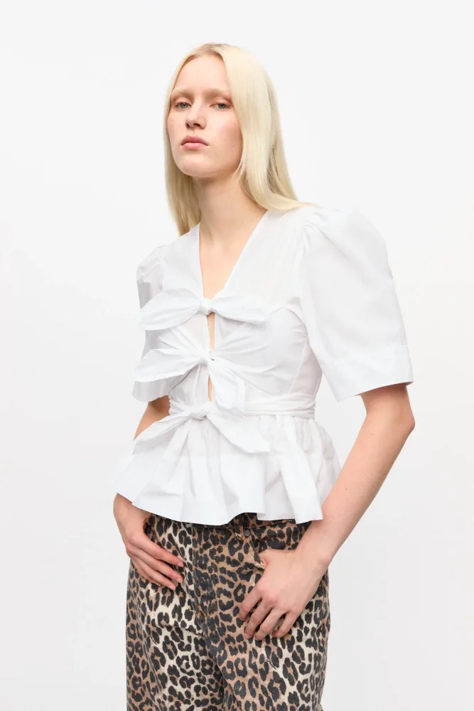 Washed Stretch Cotton Tie Strap Blouse - Bright White - Bilde 2