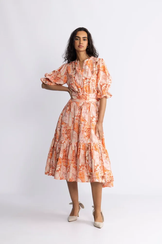 Gertrude Linen Midi Dress - Coral Flower - Bilde 3
