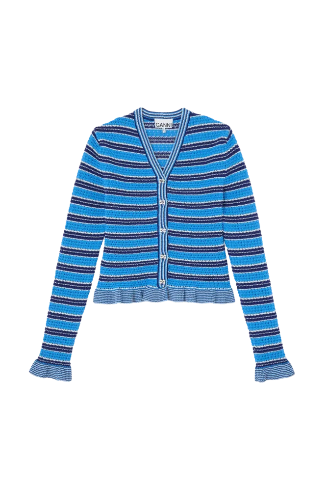 Cotton Pointelle Stripe Cardigan - Marina