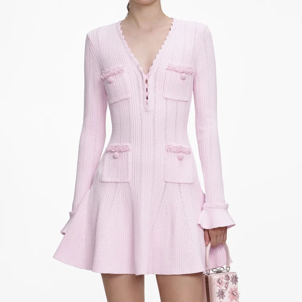 Pearl Trim Knit Mini Dress - Pink - Bilde 3