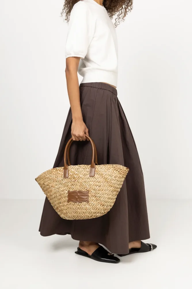 Large Leather Trimmed Monogram Straw Tote - Cognac - Bilde 2