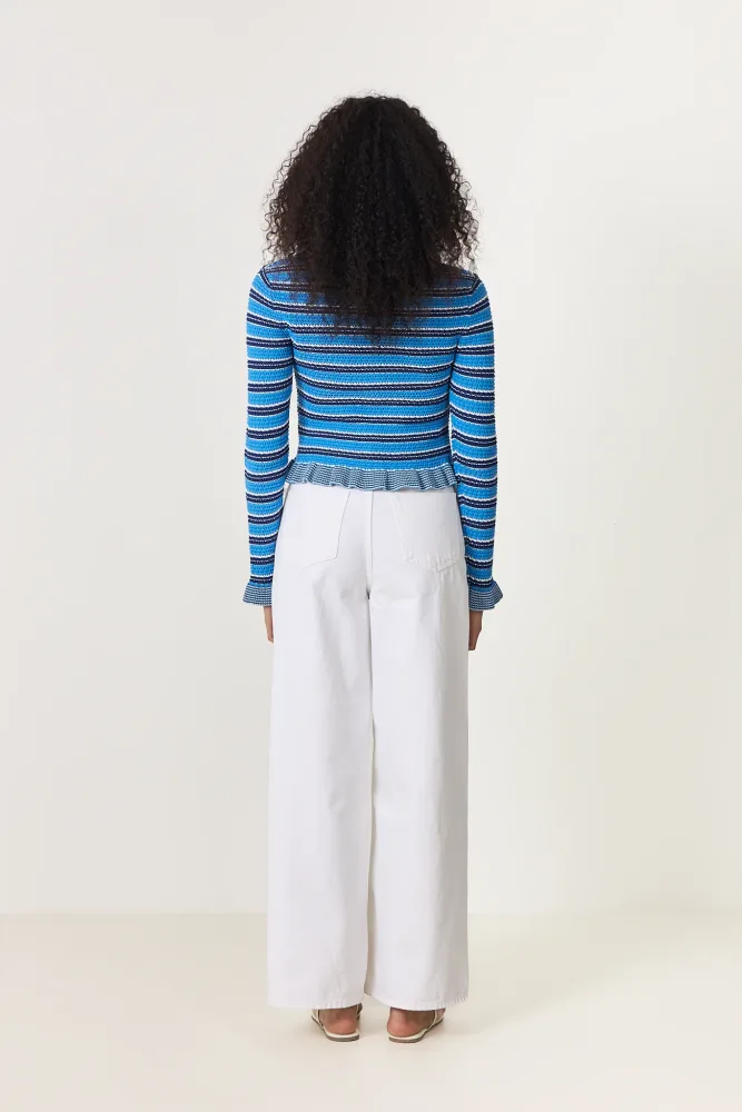 Cotton Pointelle Stripe Cardigan - Marina - Bilde 3