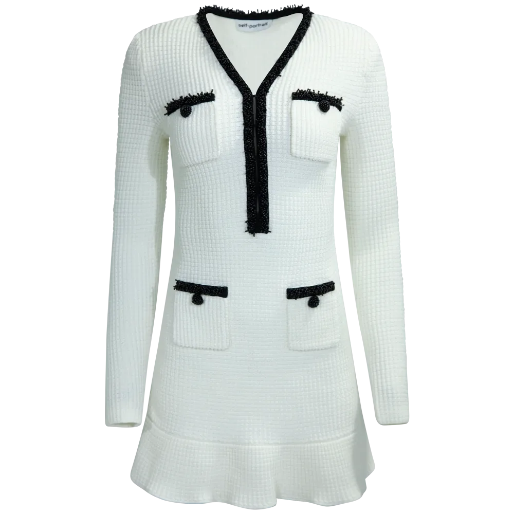 Pearl Trim Knit Mini Dress - White