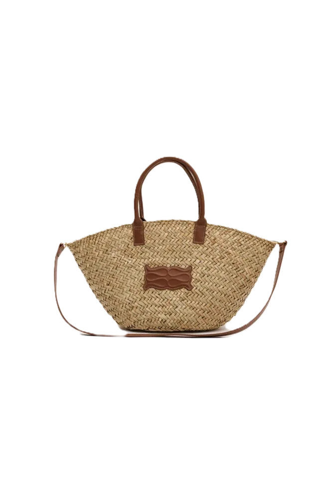 Large Leather Trimmed Monogram Straw Tote - Cognac