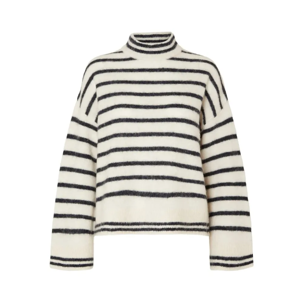 Sia Ras Stripe LS Knit T-Neck EX - Birch/Dark Sapphire
