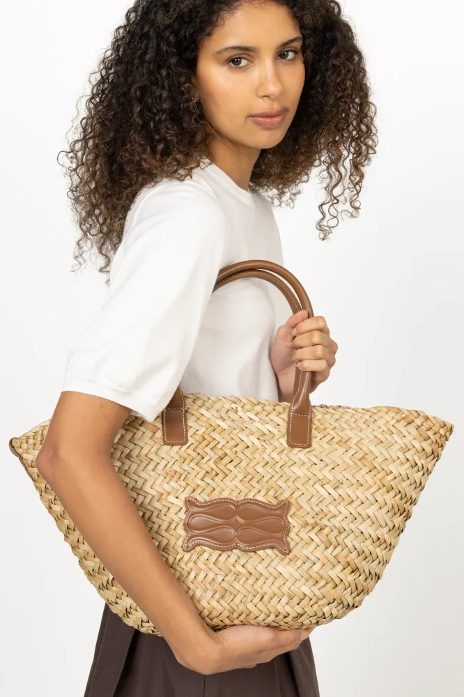 Large Leather Trimmed Monogram Straw Tote - Cognac - Bilde 3