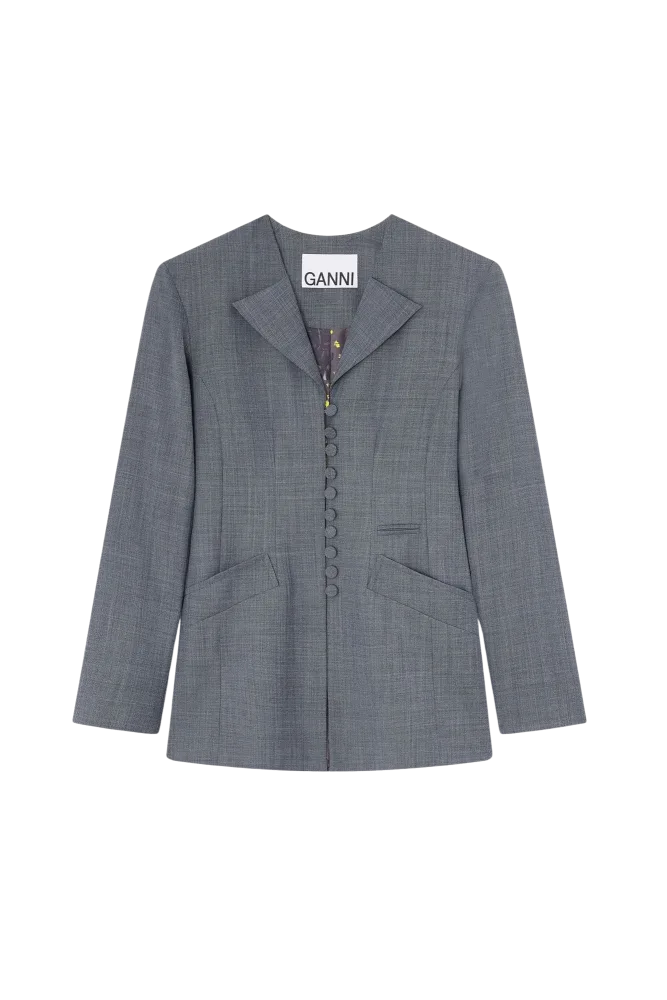 Wool Melange Suiting Long Button Blazer - Phantom