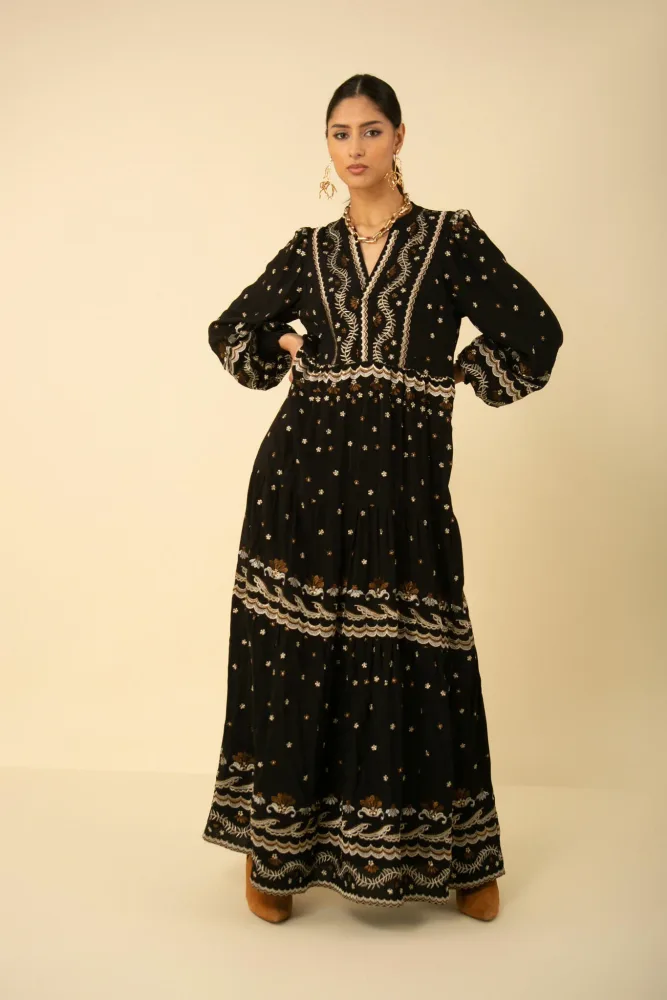 Audrey Long Dress W Embrodey - Black - Bilde 2
