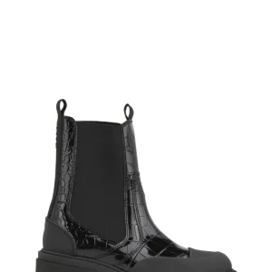 Cleated Heeled Mid Chelsea Boot Patent Croco – Black