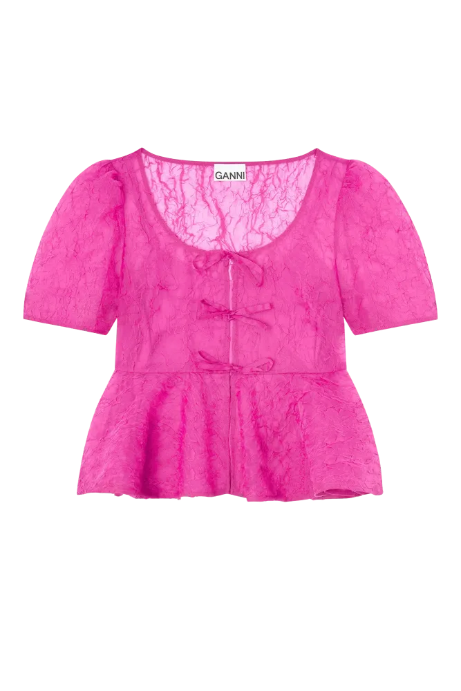 Shibori Organza Sun Cut Peplum Blouse - Raspberry Rose