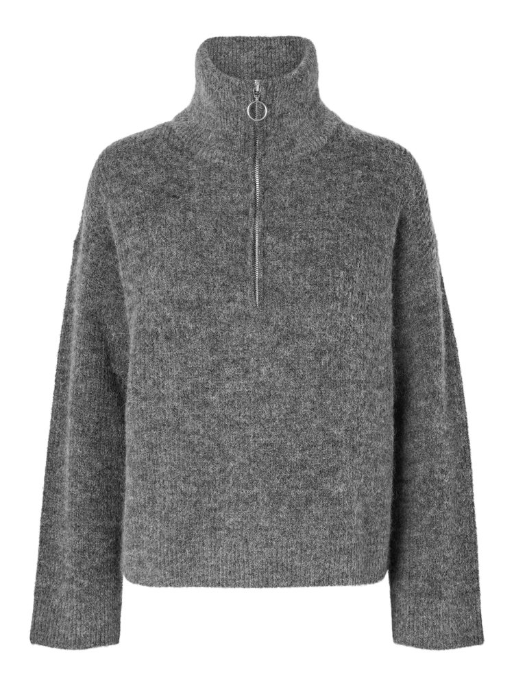 Sia Ras Ls Knit Half Zipper Ex - Medium Grey Melange