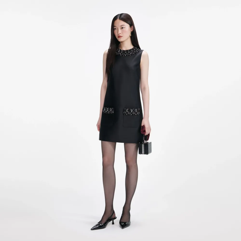 Taffeta Embellished Trim Mini Dress - Black - Bilde 2