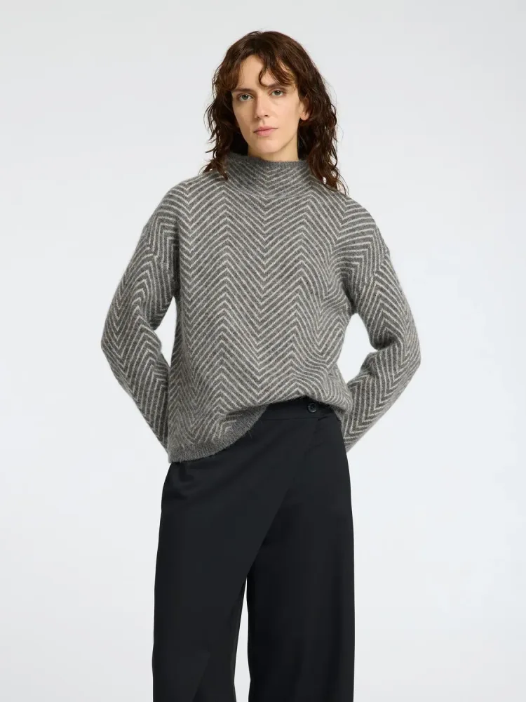 Lulu Ls Herringbone Knit High Neck - Medium Grey Melange/Birch - Bilde 2