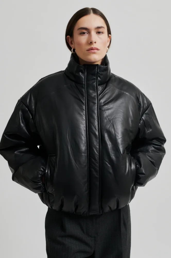 Harlow Leather Bomber Jacket - Black - Bilde 2
