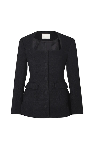 Kinsley Boucle Square Neck Fitted Blazer - Black