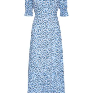 Koko Dress Long Open Back Short Sleeves – Blue White Flowers