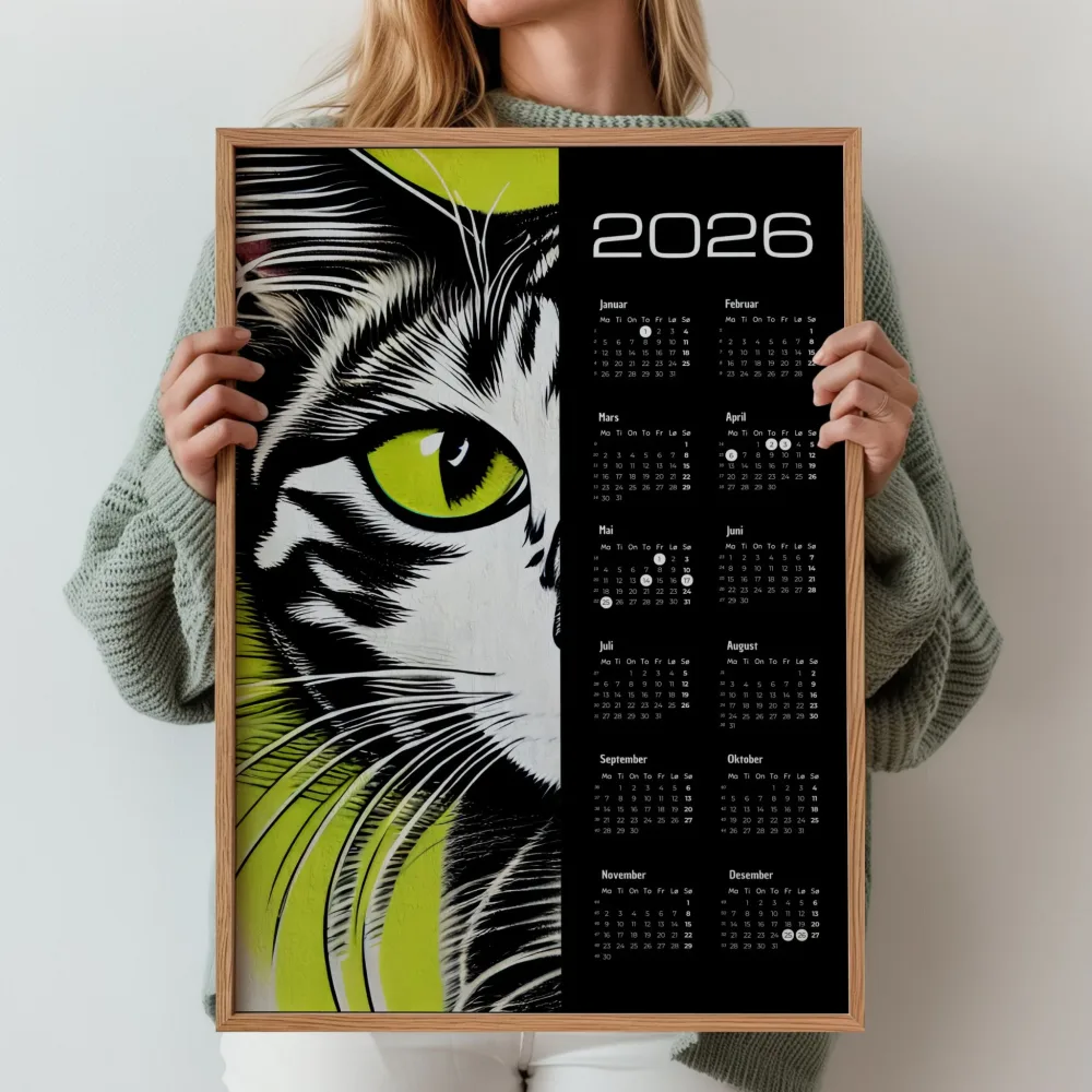 KALENDER 2026 - GRAFISK KATT I GRØNN - Bilde 2
