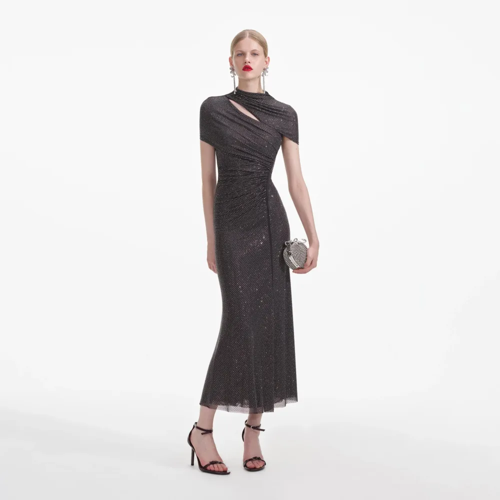 Slate Rhinestone Mesh Cut Out Midi Dress - Grey - Bilde 2
