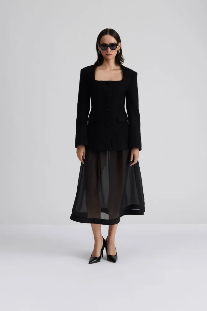 Kinsley Boucle Square Neck Fitted Blazer - Black - Bilde 3