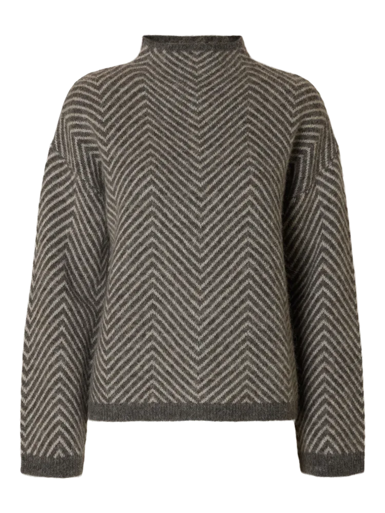 Lulu Ls Herringbone Knit High Neck - Medium Grey Melange/Birch