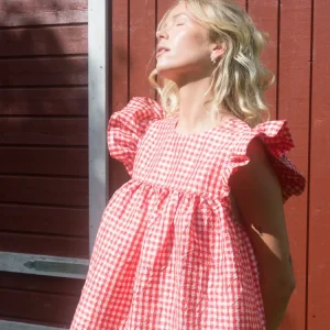 Crinkled Taffeta Check Frill Mini Dress – Red Alert