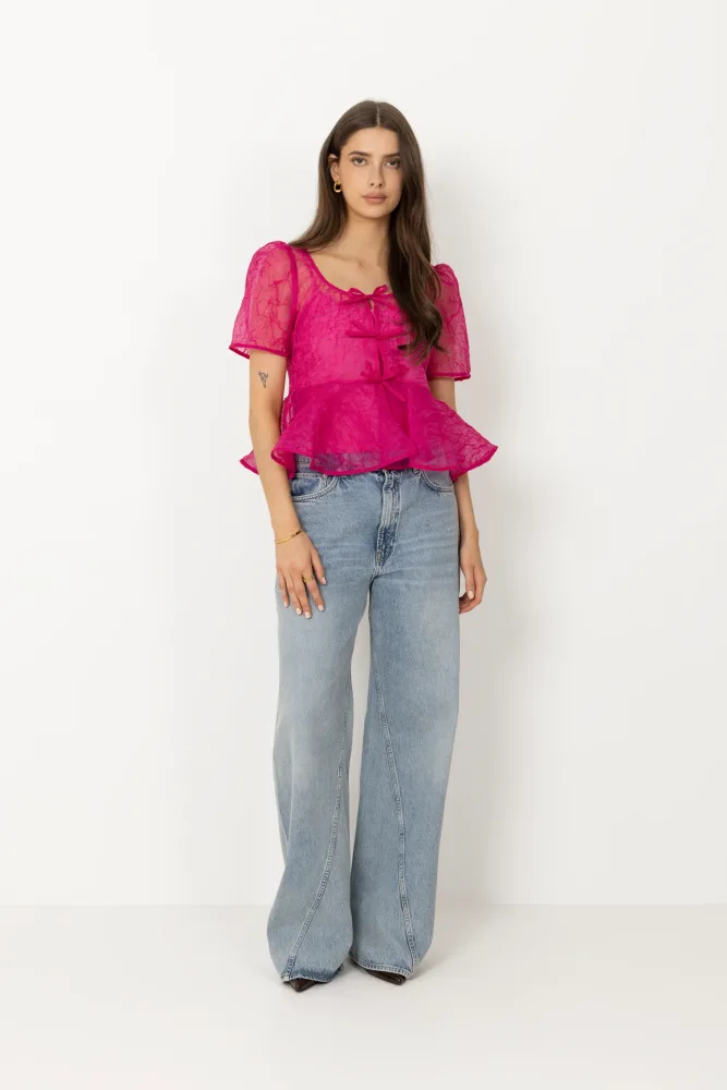 Shibori Organza Sun Cut Peplum Blouse - Raspberry Rose - Bilde 2