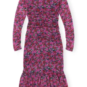 Printed Mesh Long Sleeve Gathered Midi Dress – Fiji Flower