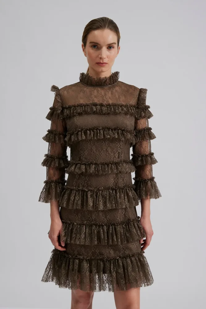 Carmine Frill Mini Lace Dress - Chocolate - Bilde 2