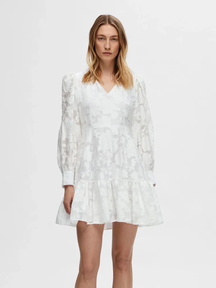 Calli-Sadie Ls Short V-Neck Dress Ff - Bright White - Bilde 3