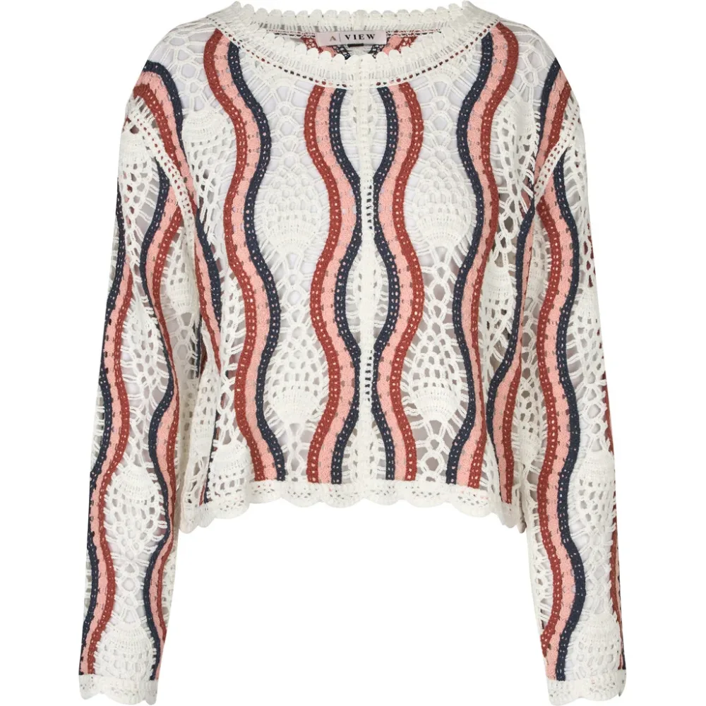 California Crochet Blouse - White/Peach/Navy