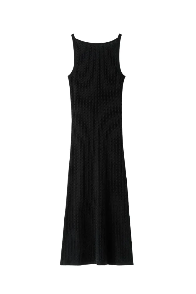 Fine Knit Cable Knit Dress - Black
