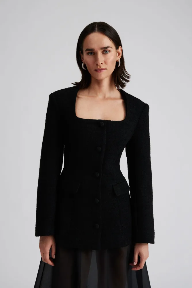 Kinsley Boucle Square Neck Fitted Blazer - Black - Bilde 2