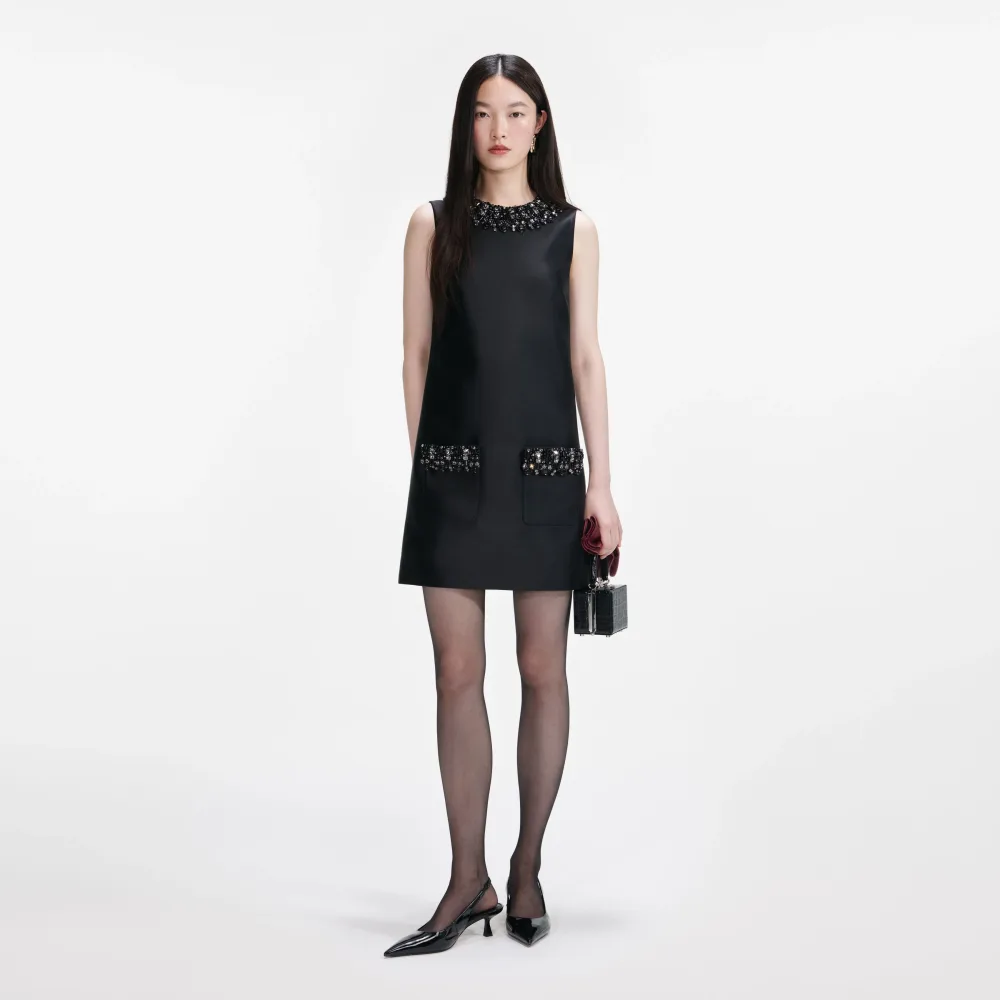 Taffeta Embellished Trim Mini Dress - Black - Bilde 3