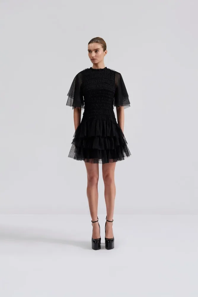 Minnie Short Sleeve Lace Mini Dress - Black - Bilde 3