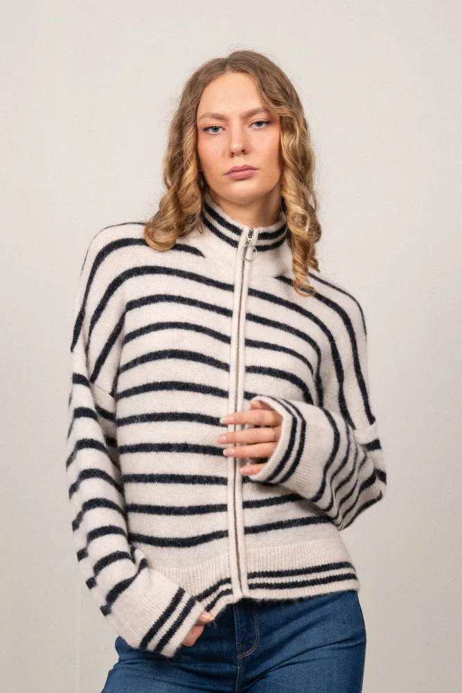 Sia Ras Stripe LS Knit Cardigan EX - Birch/Dark Sapphire - Bilde 2