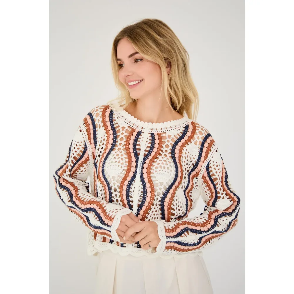 California Crochet Blouse - White/Peach/Navy - Bilde 2