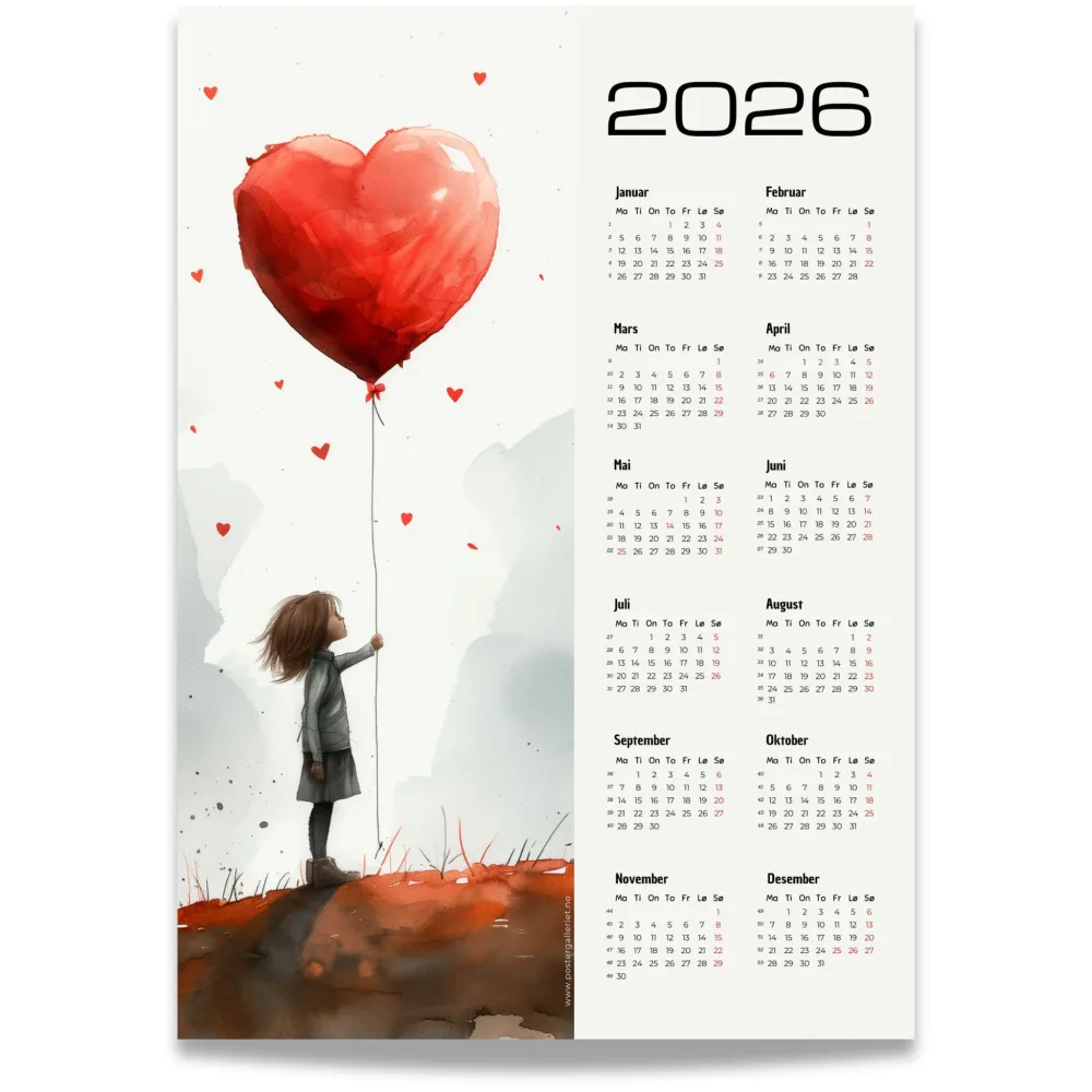 KALENDER 2026 – JENTE MED HJERTEBALLONG KALENDER 2026 – JENTE MED HJERTEBALLONG