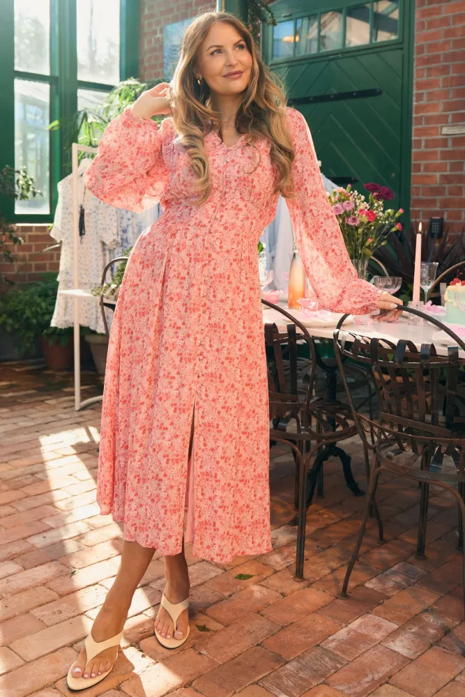Una Crepe Midi Dress - Light Pink Floral