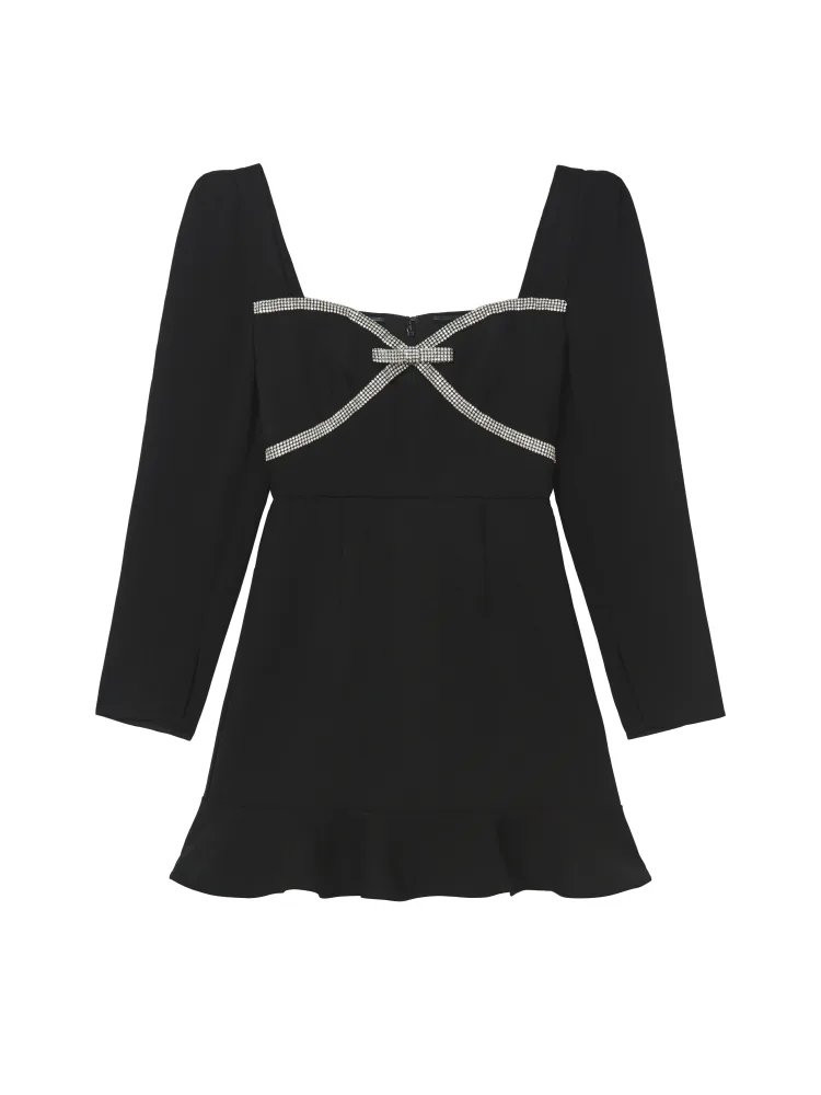 Diamante Bow Mini Dress - Black