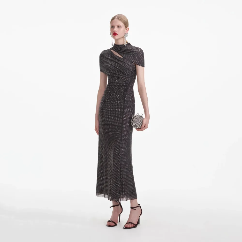 Slate Rhinestone Mesh Cut Out Midi Dress - Grey - Bilde 3