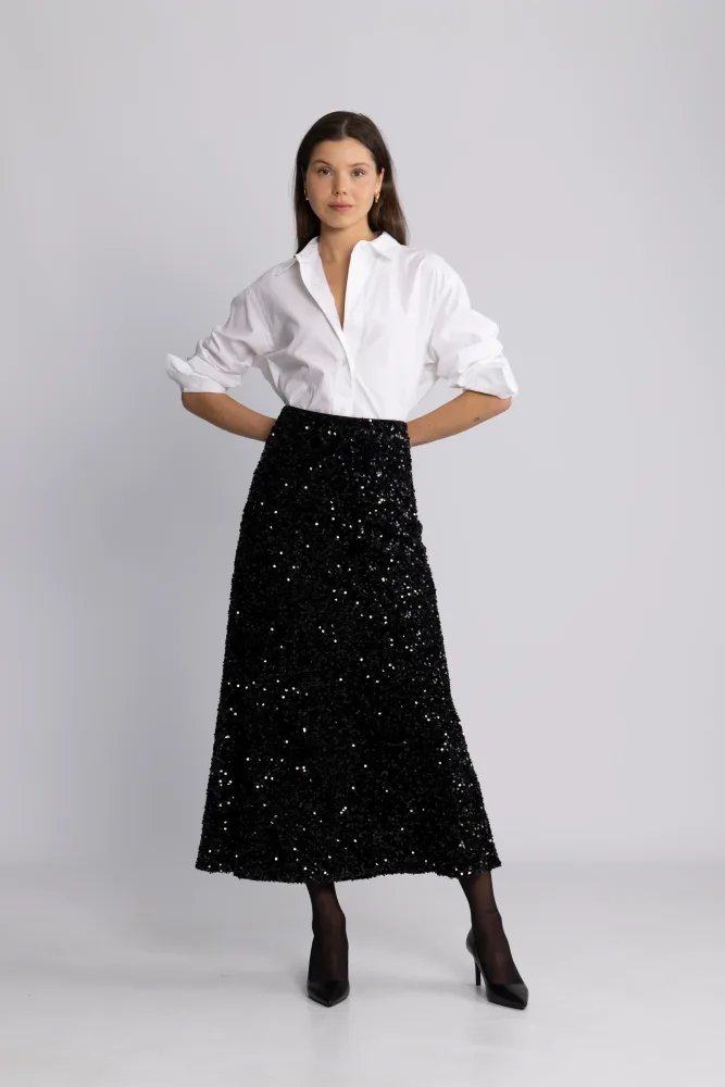 Alva Maxi Sequin Skirt - Black - Bilde 3