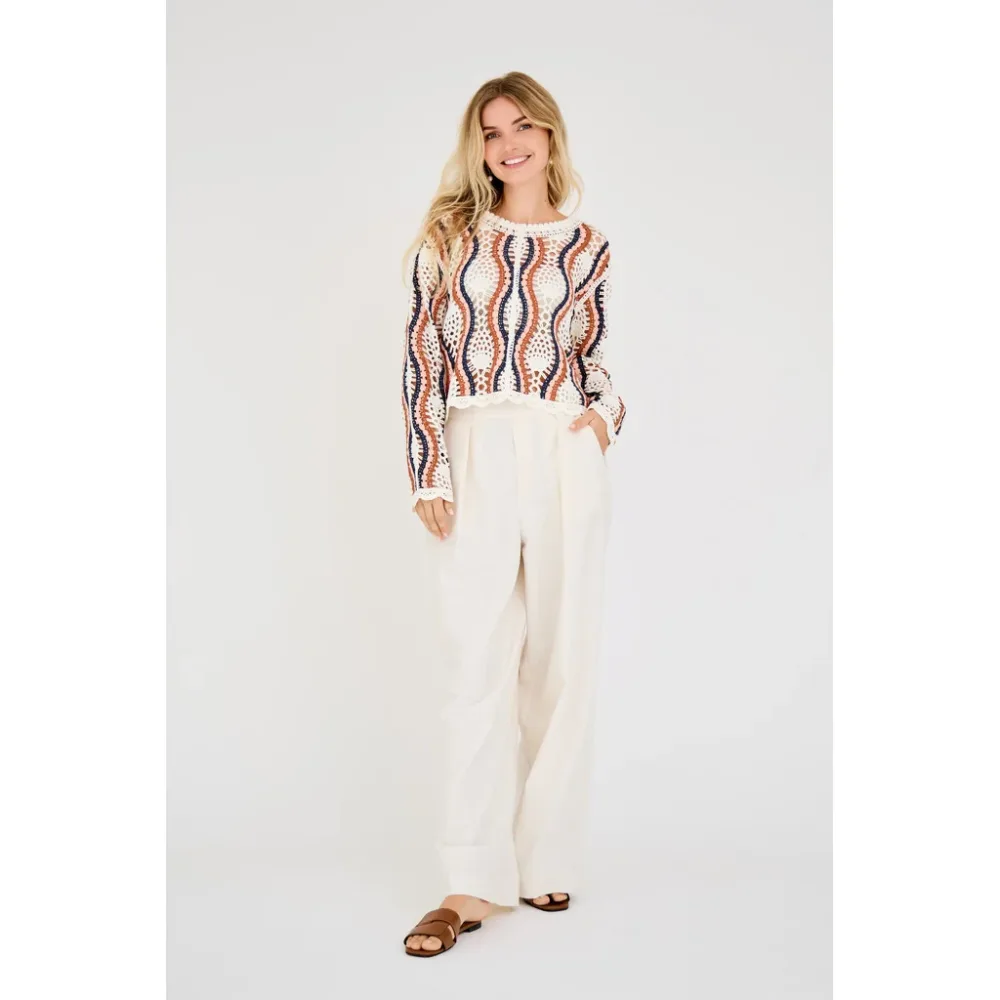 California Crochet Blouse - White/Peach/Navy - Bilde 3