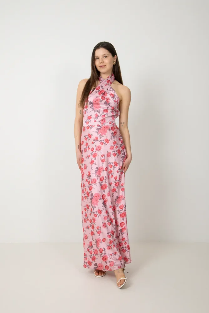 Ebba Flowery Satin Maxi Dress - Pink - Bilde 3