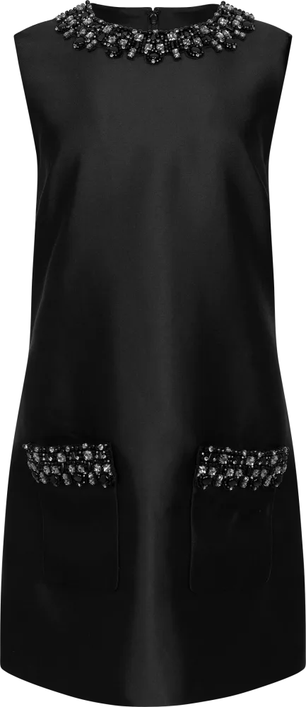 Taffeta Embellished Trim Mini Dress - Black