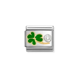 Nomination – Link SYMBOLS enamel, 750 gold, 925 sterling silver and cz GREEN CLOVER CZ WHITE