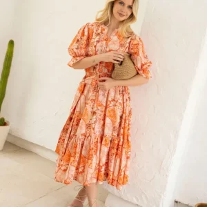 Gertrude Linen Midi Dress – Coral Flower